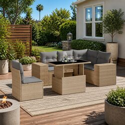 6 Piece Garden Sofa Set Outdoor Patio Furniture with Cushions Beige Poly Rattan