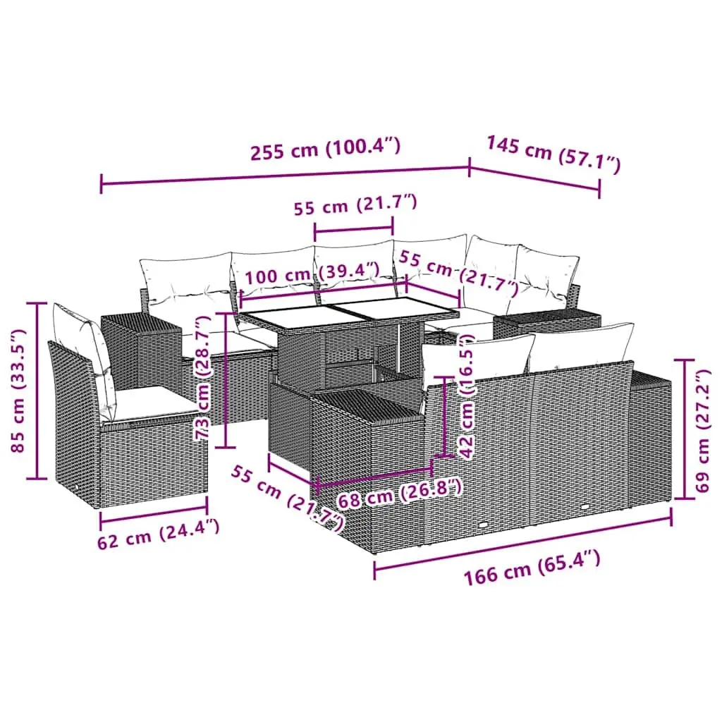 Garden Sofa Set Black 9 Piece Modular Outdoor Furniture with Adjustable Table and Padded Cushions