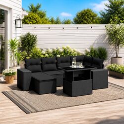 Garden Sofa Set 7 Piece Outdoor Furniture Black Poly Rattan Modular Patio