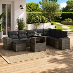 9 Piece Garden Sofa Set with Cushions Grey Poly Rattan Outdoor Patio Furniture