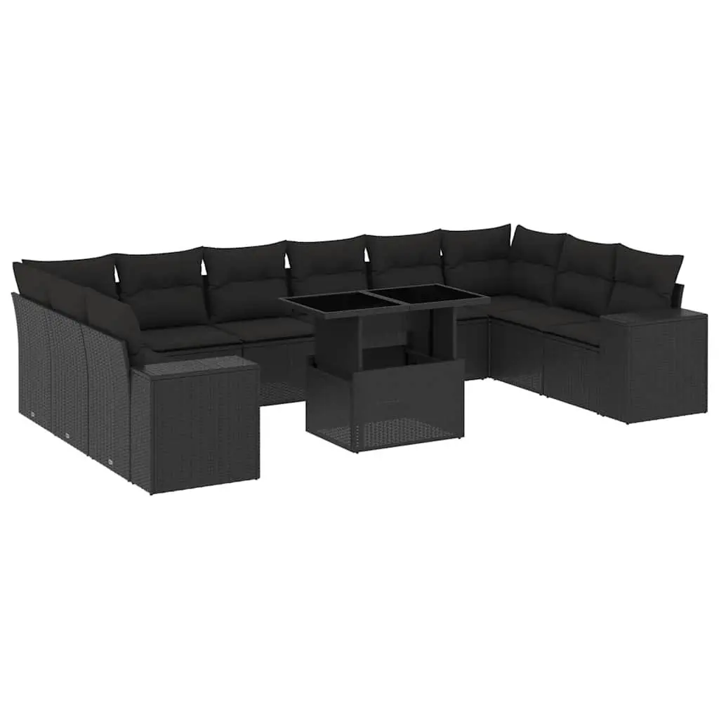 Garden Sofa Set Black 11 Piece Modular Outdoor Furniture with Cushions and Adjustable Tabletop