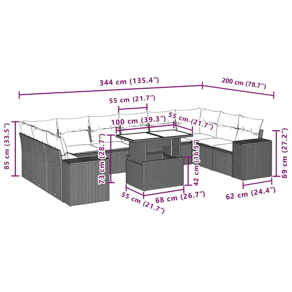 Garden Sofa Set Black 11 Piece Modular Outdoor Furniture with Cushions and Adjustable Tabletop