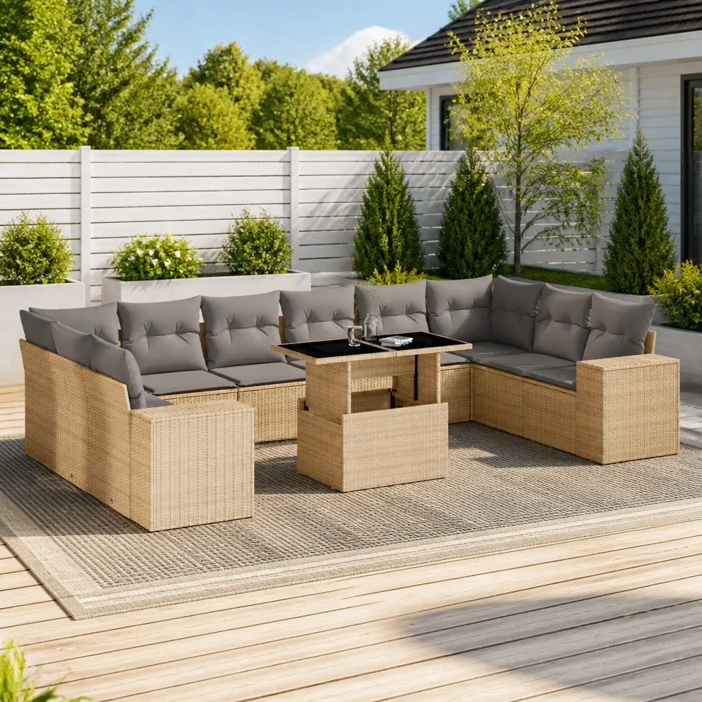 Garden Sofa Set Beige 11 Piece Modular Outdoor Furniture with Cushions