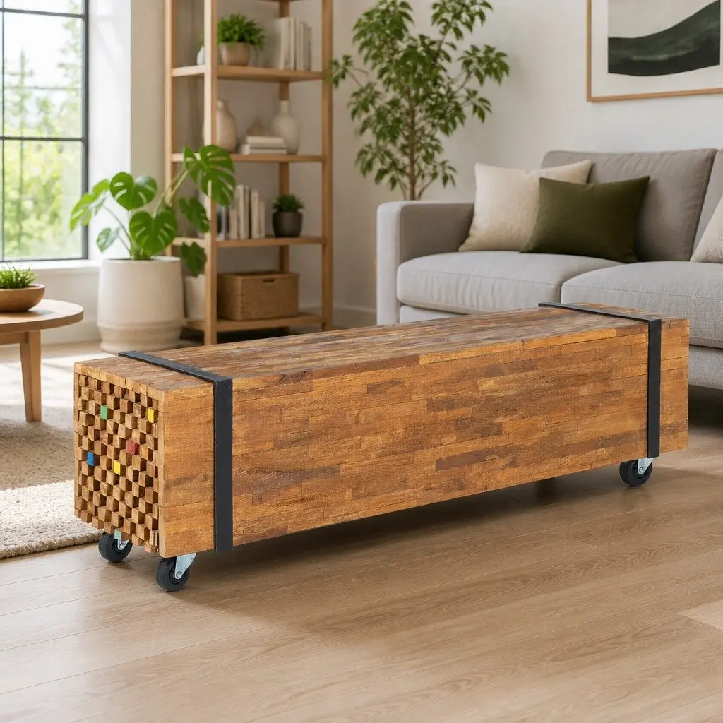 Teak Wood TV Stand 110x30x32.5cm—Easy to Move