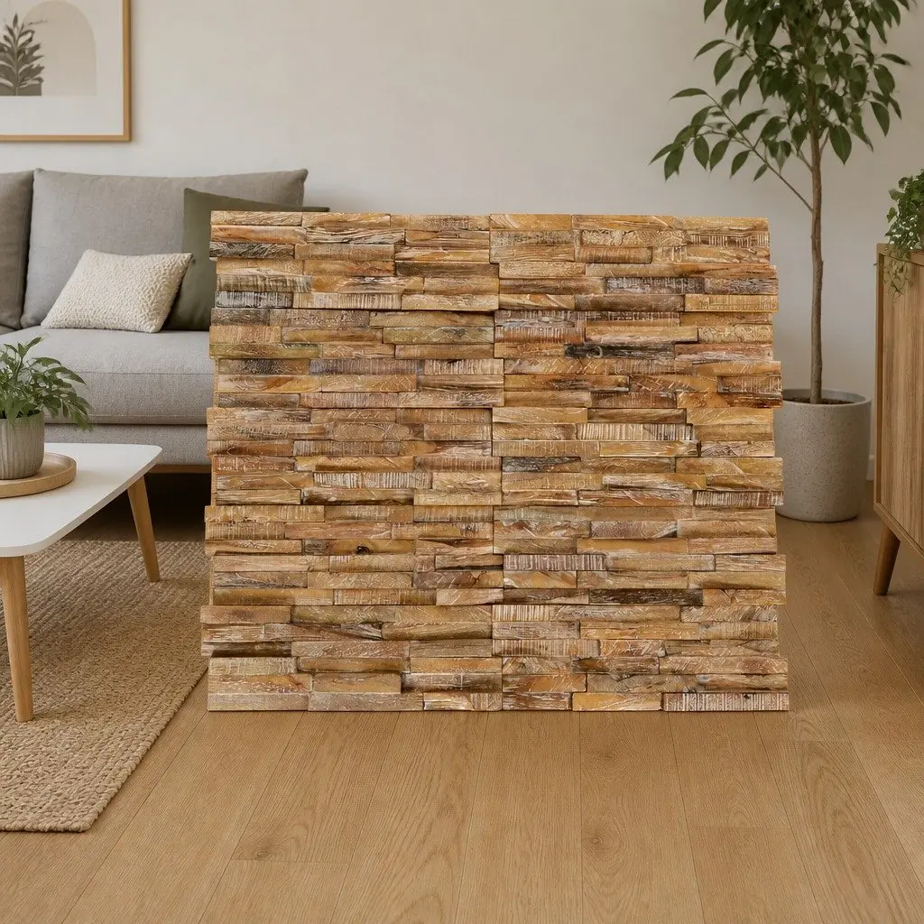 3D Wall Cladding Panels Brown Solid Teak Wood Rustic Decorative Feature Wall 10 Piece
