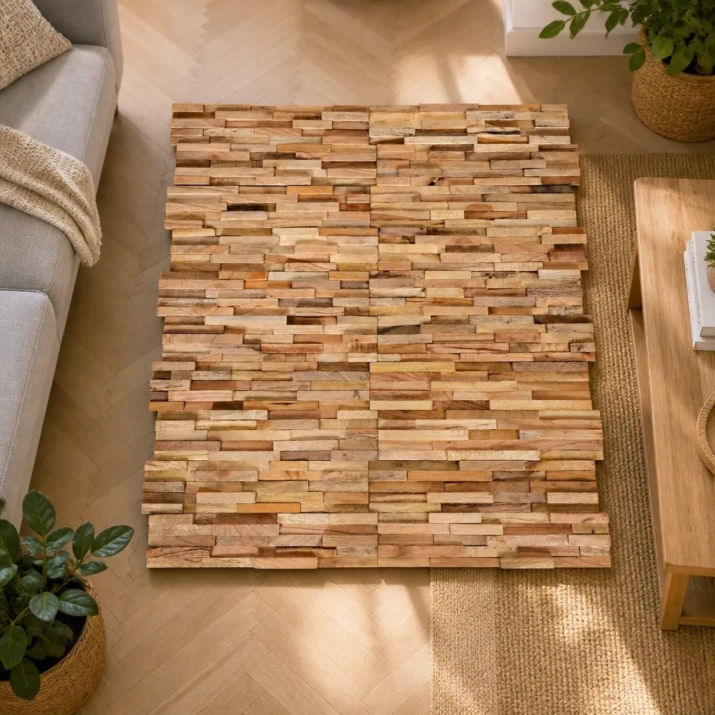 3D Wall Cladding Panels Brown Solid Teak Wood Easy to Install Decorative Wall Finishing 10 Piece