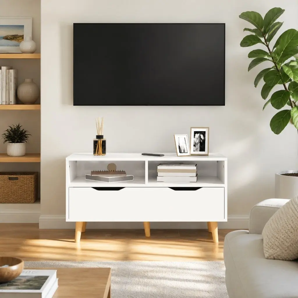 TV Cabinet White High Gloss Engineered Wood Spacious Storage Unit