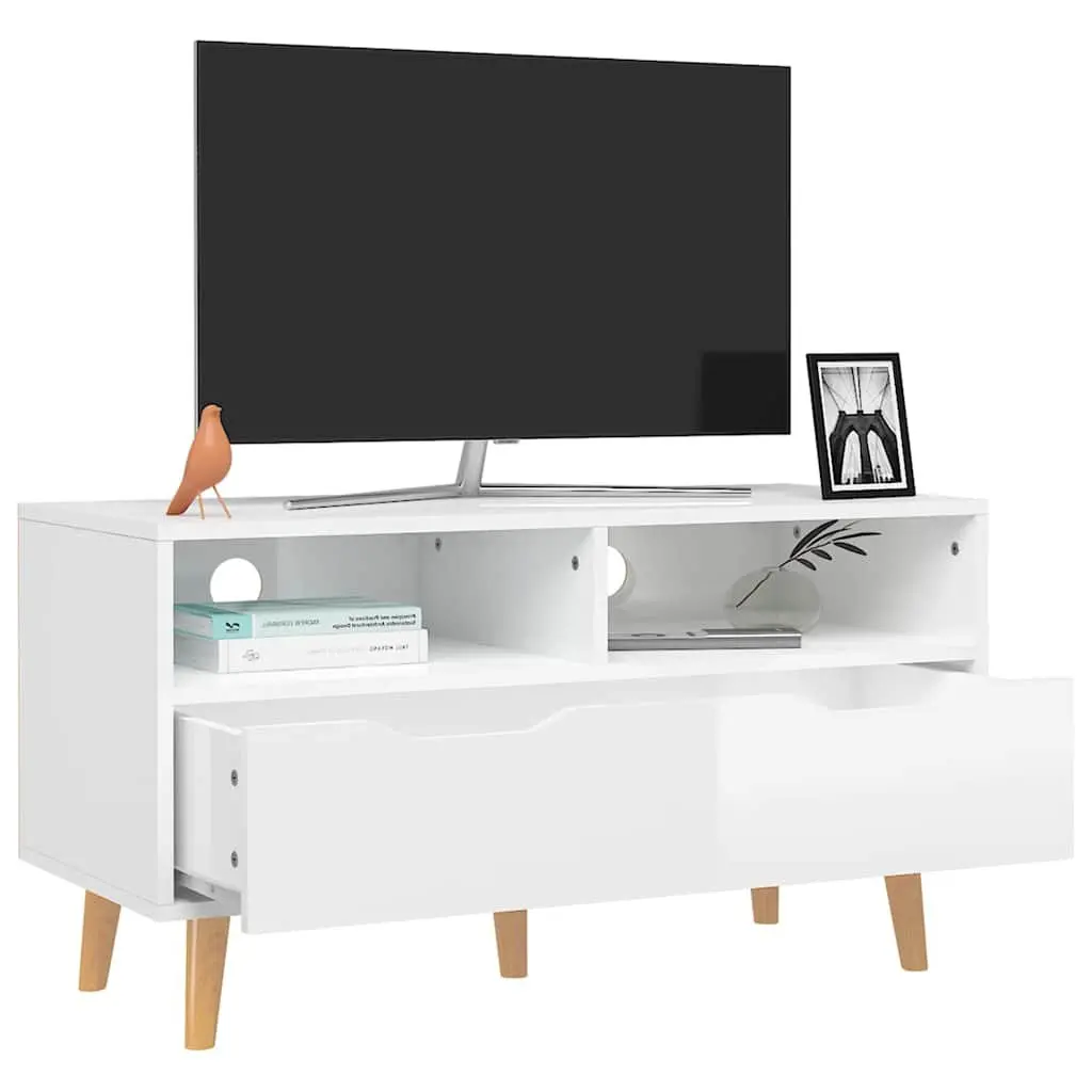 TV Cabinet White High Gloss Engineered Wood Spacious Storage Unit