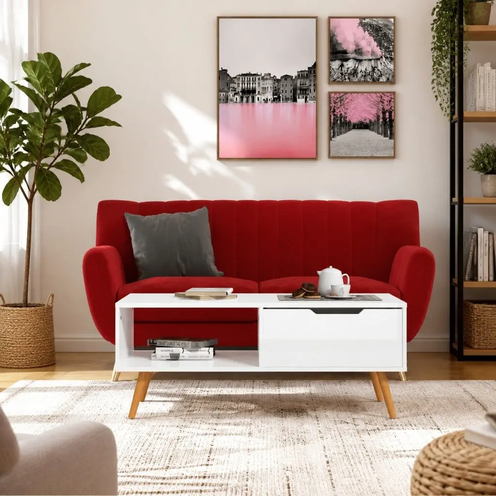 Coffee Table White Engineered Wood High Gloss Finish Spacious Surface