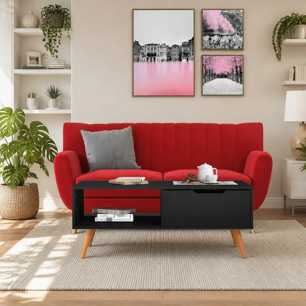 Coffee Table High Gloss Black Engineered Wood Spacious Tabletop