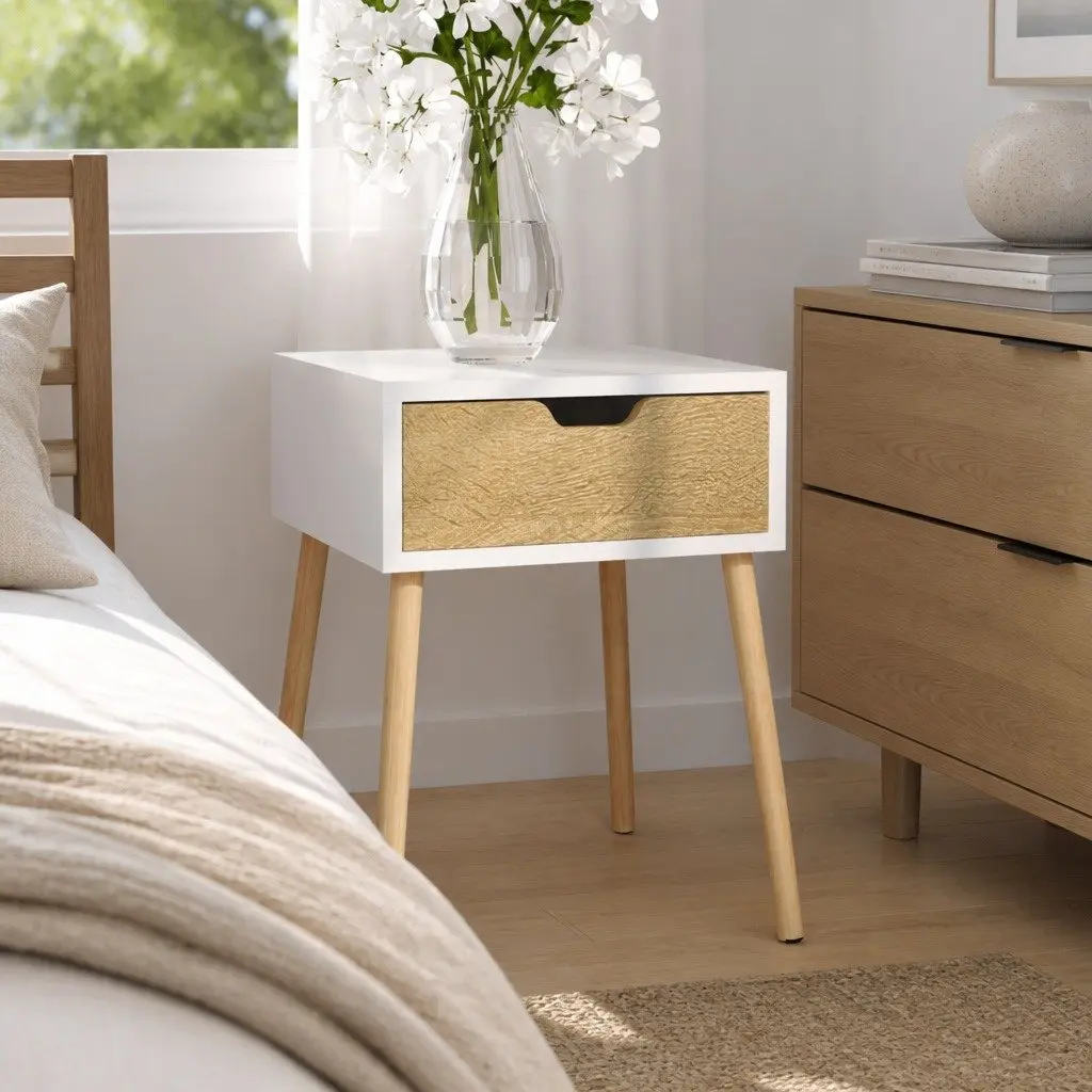 Bedside Table Storage Drawer White Sonoma Oak Engineered Wood 56cm Height Open Top Surface