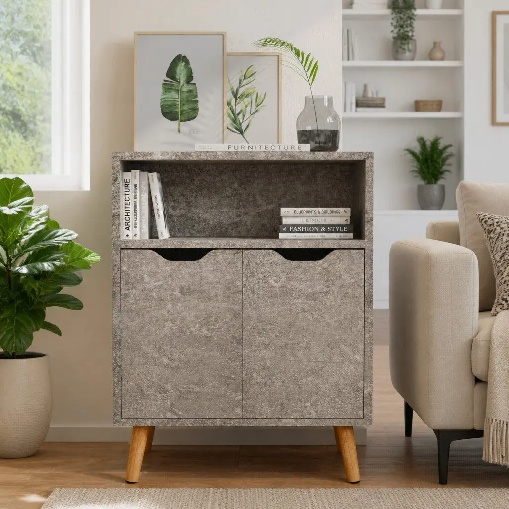 Sideboard Grey Engineered Wood 60W x 30D x 72H cm Storage Cabinet Living Room Cupboard Buffet