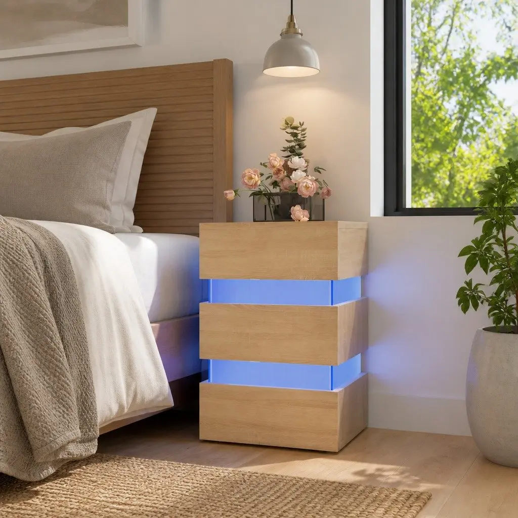 Bedside Table Brown Engineered Wood LED Light Storage Cabinet