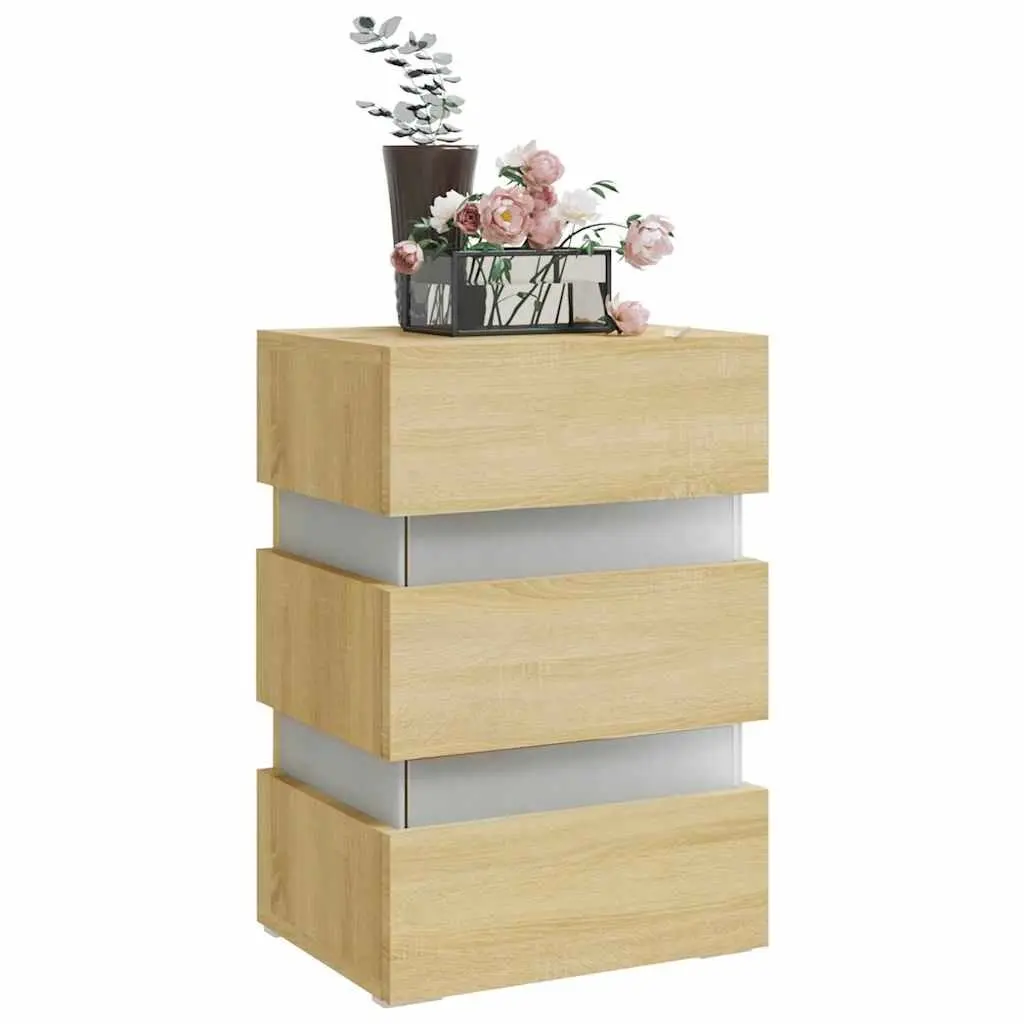 Bedside Table Brown Engineered Wood LED Light Storage Cabinet