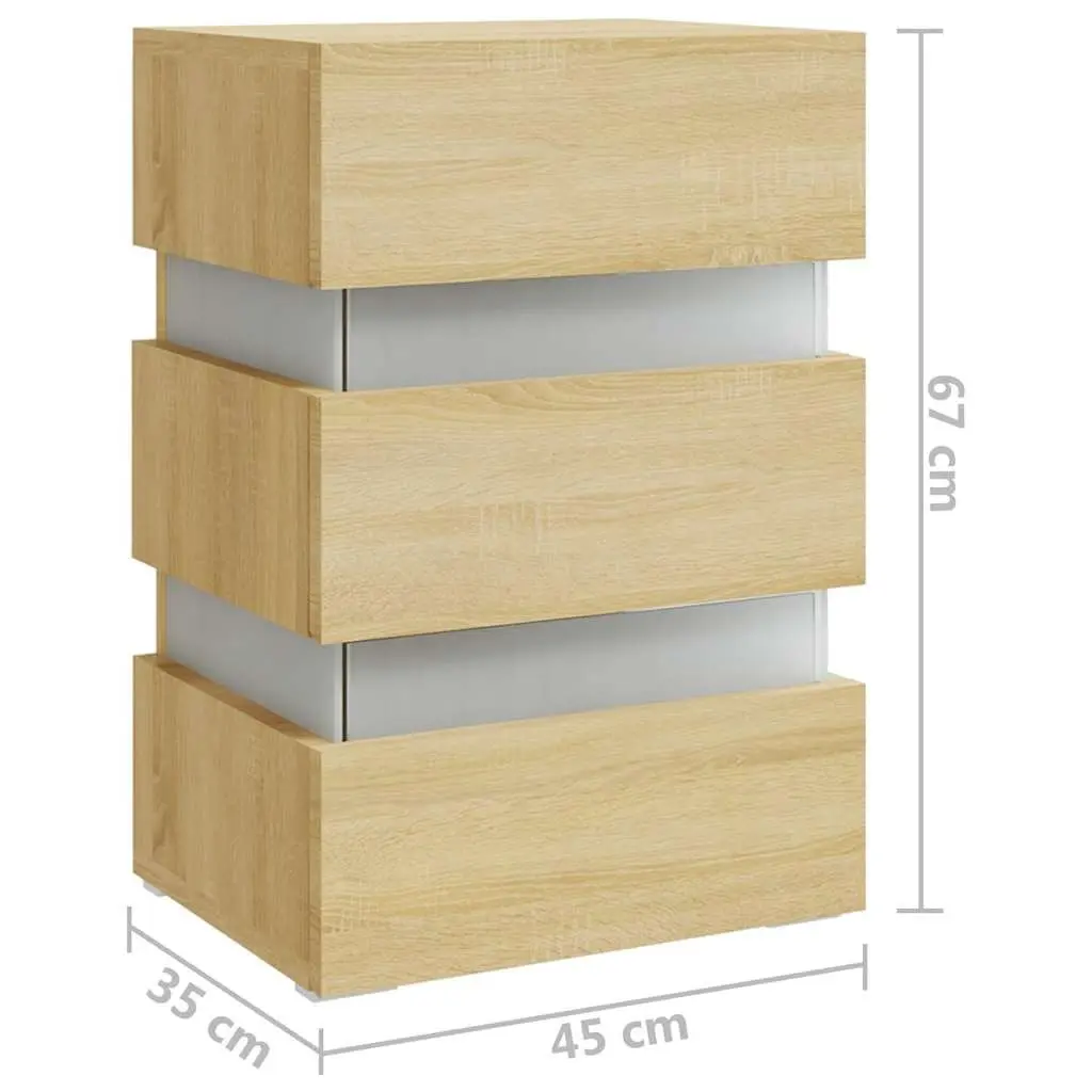 Bedside Table Brown Engineered Wood LED Light Storage Cabinet