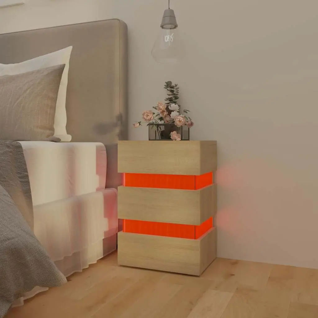 Bedside Table Brown Engineered Wood LED Light Storage Cabinet