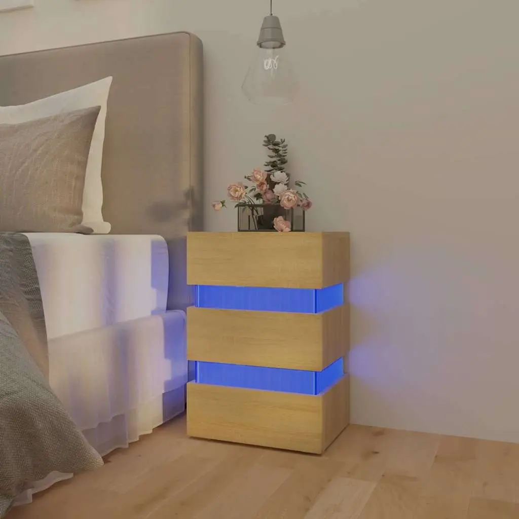 Bedside Table Brown Engineered Wood LED Light Storage Cabinet