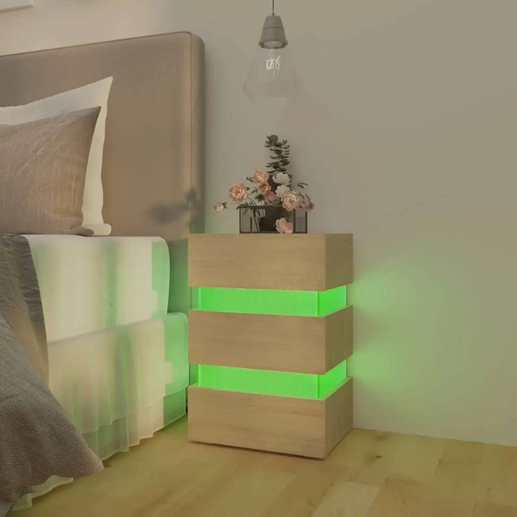 Bedside Table Brown Engineered Wood LED Light Storage Cabinet