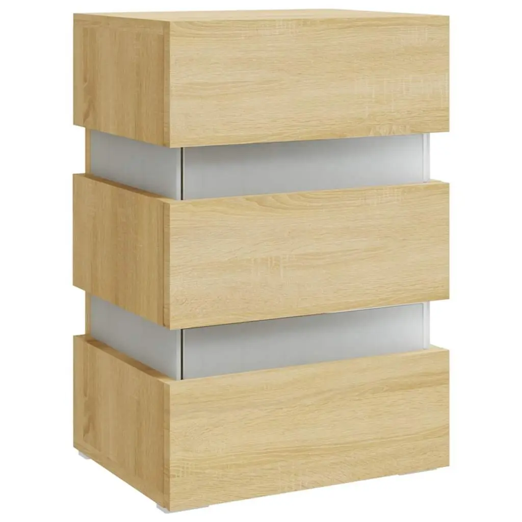 Bedside Table Brown Engineered Wood LED Light Storage Cabinet