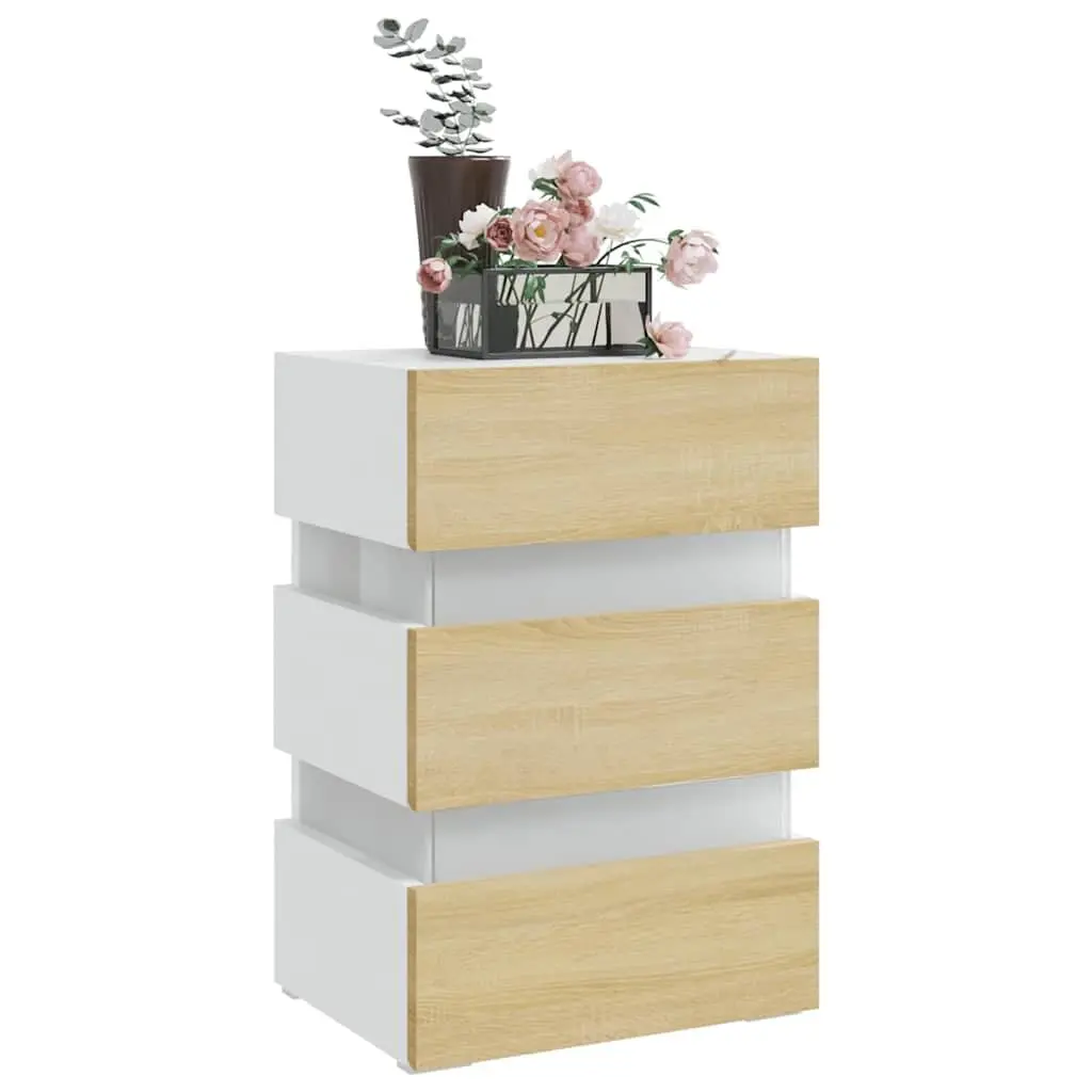 Bedside Table Beige Engineered Wood with LED Light Storage Cabinet