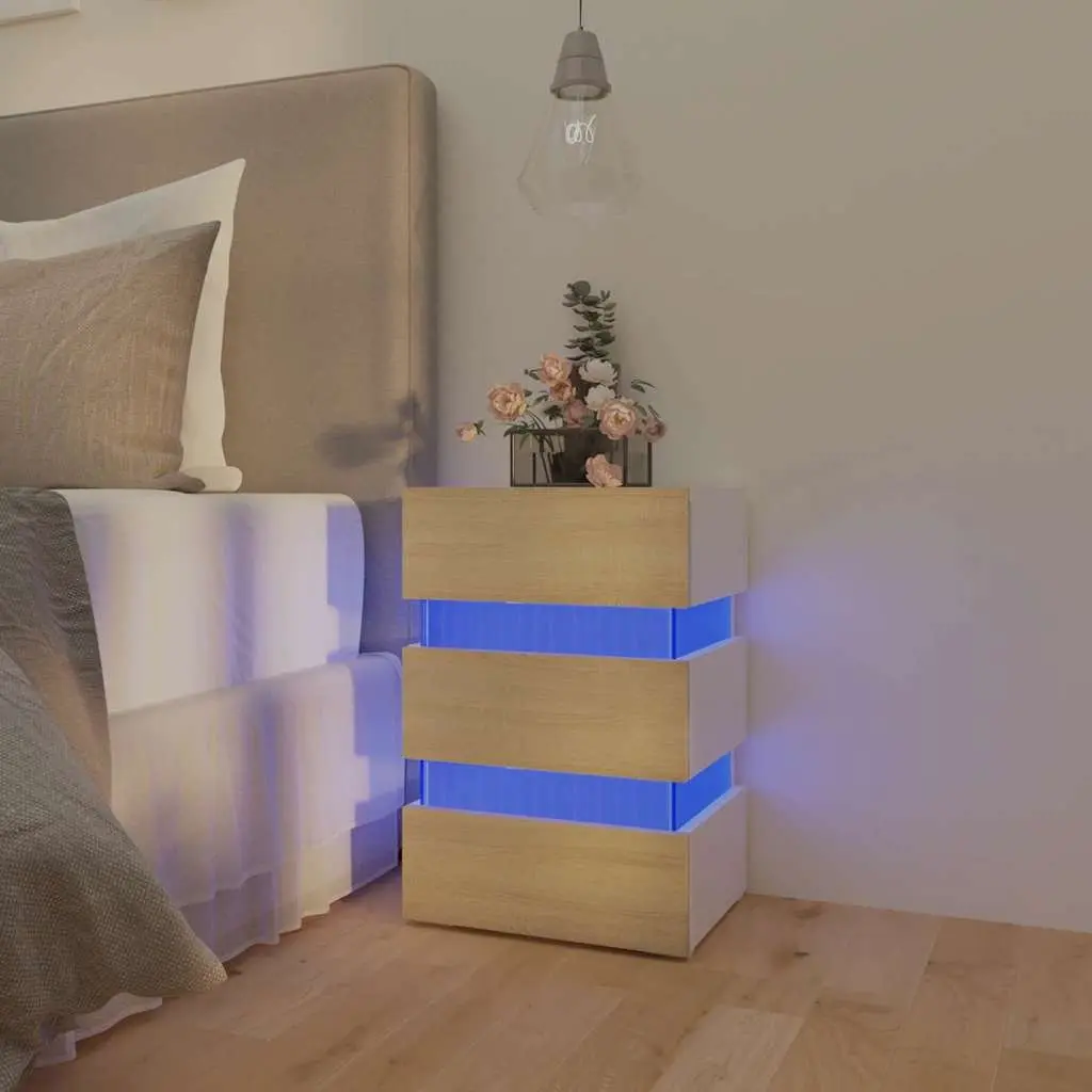 Bedside Table Beige Engineered Wood with LED Light Storage Cabinet