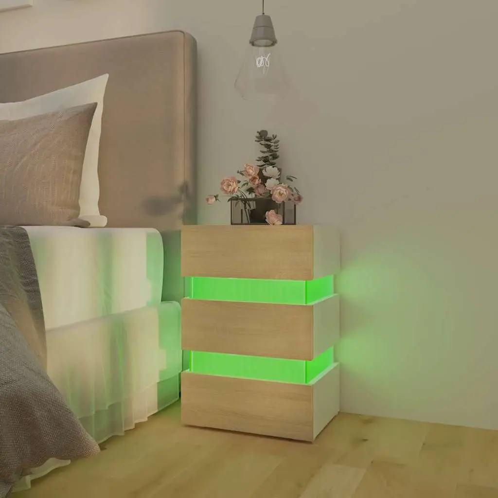 Bedside Table Beige Engineered Wood with LED Light Storage Cabinet