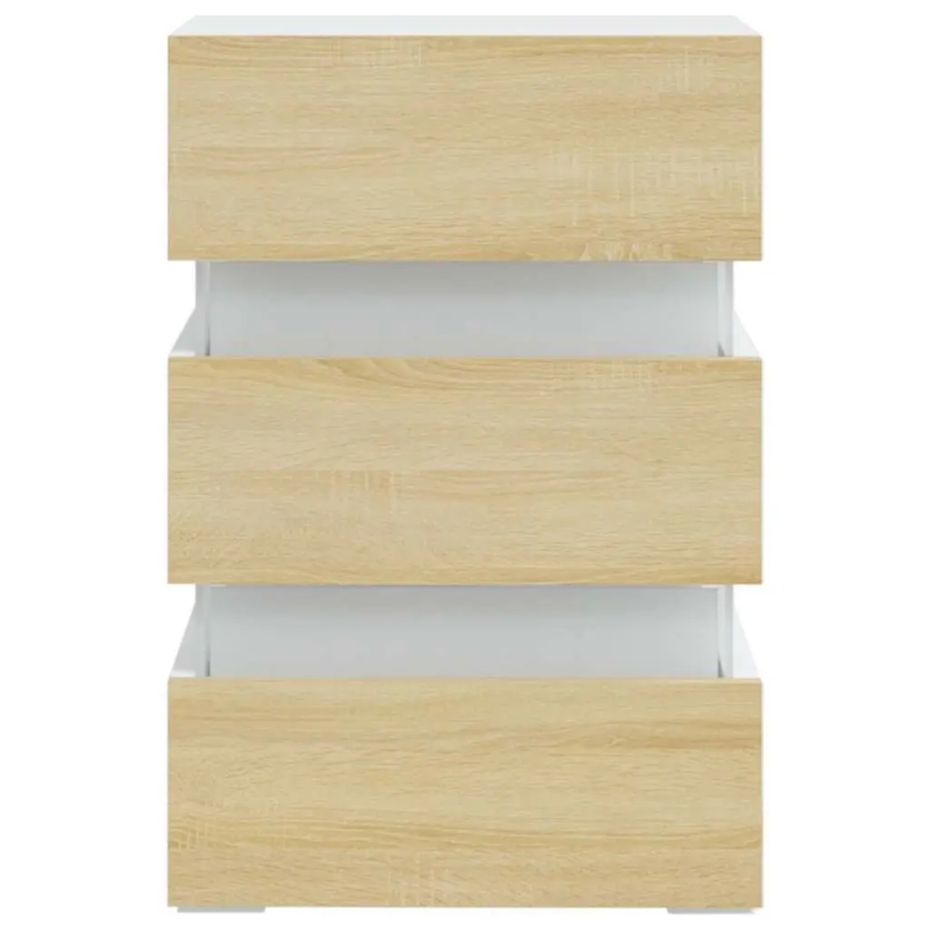 Bedside Table Beige Engineered Wood with LED Light Storage Cabinet