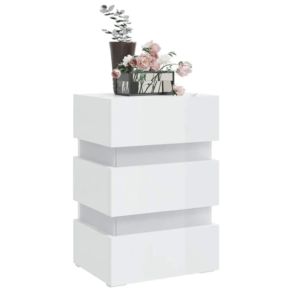 LED Bedside Cabinet White High Gloss Engineered Wood Nightstand with LED Light
