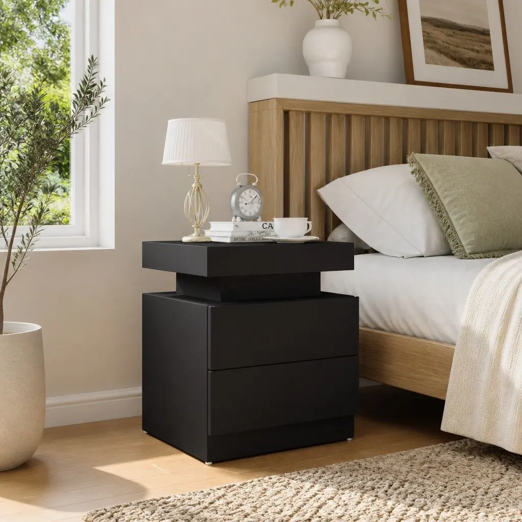 Bedside Table Black Engineered Wood 45x35x52cm Storage Nightstand