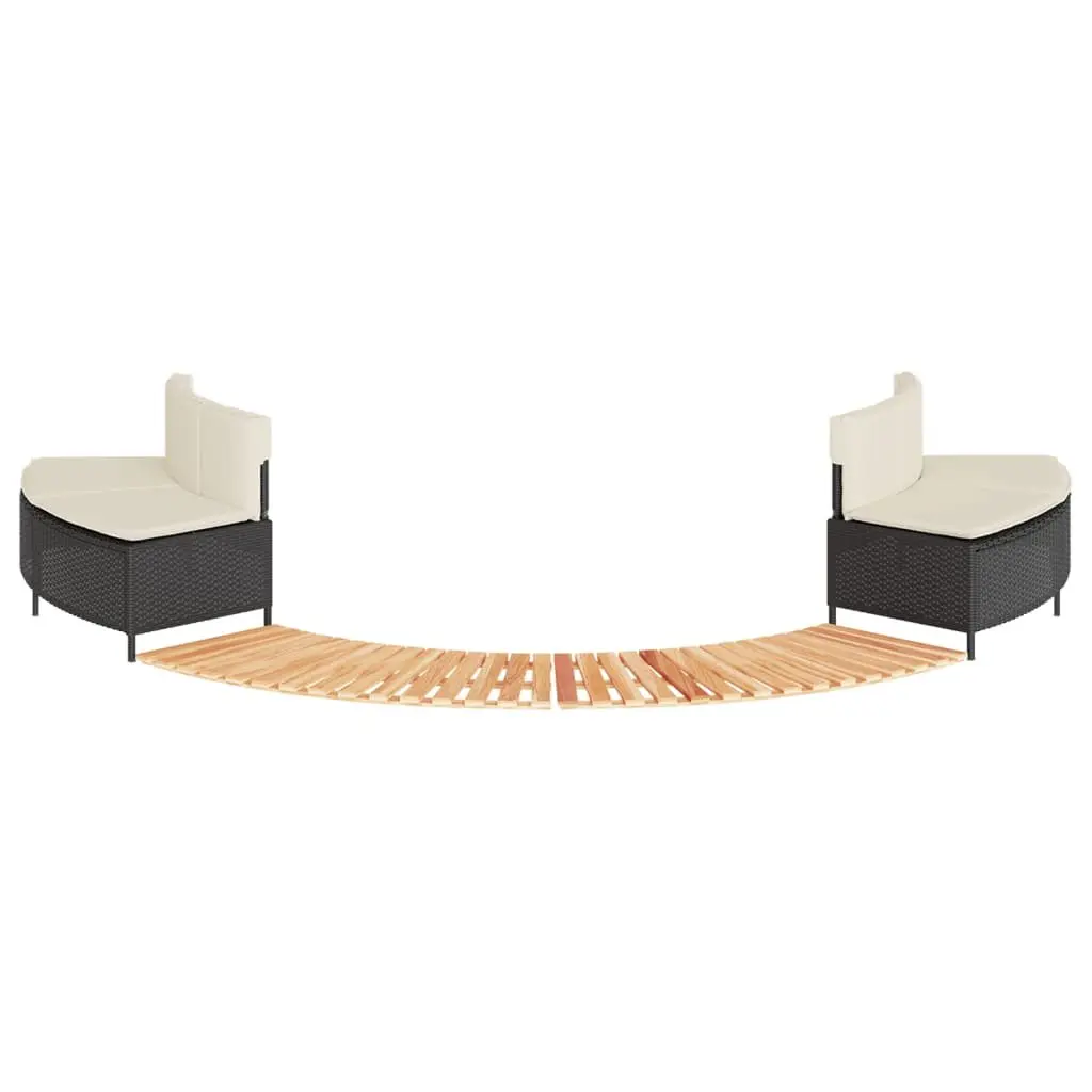 Hot Tub Surround Modular Furniture Set Black Poly Rattan with Cushions and Acacia Wood Step Outdoor Spa