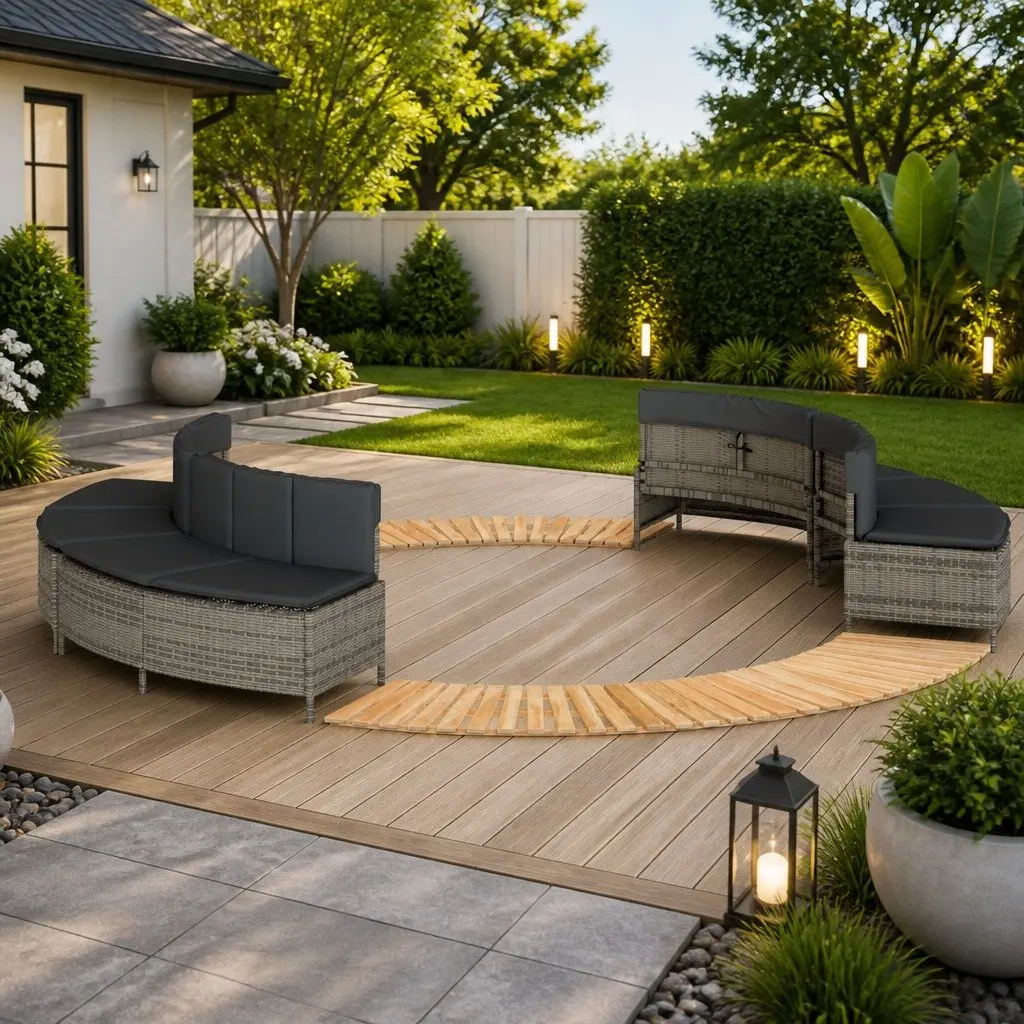 Hot Tub Surround Grey Modular PE Rattan Acacia Wood Step with Removable Cushions