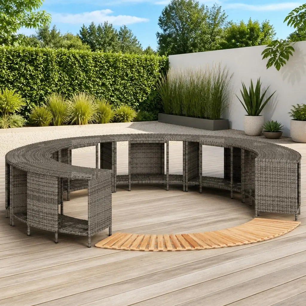 Hot Tub Surround Grey PE Poly Rattan Outdoor Spa Accessory with Storage Step