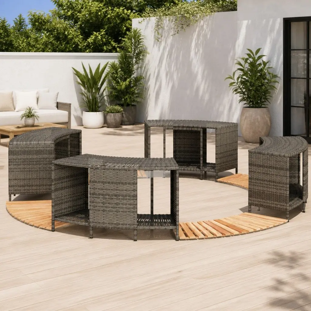 Hot Tub Surround Grey PE Rattan Acacia Wood Step Storage Outdoor Spa