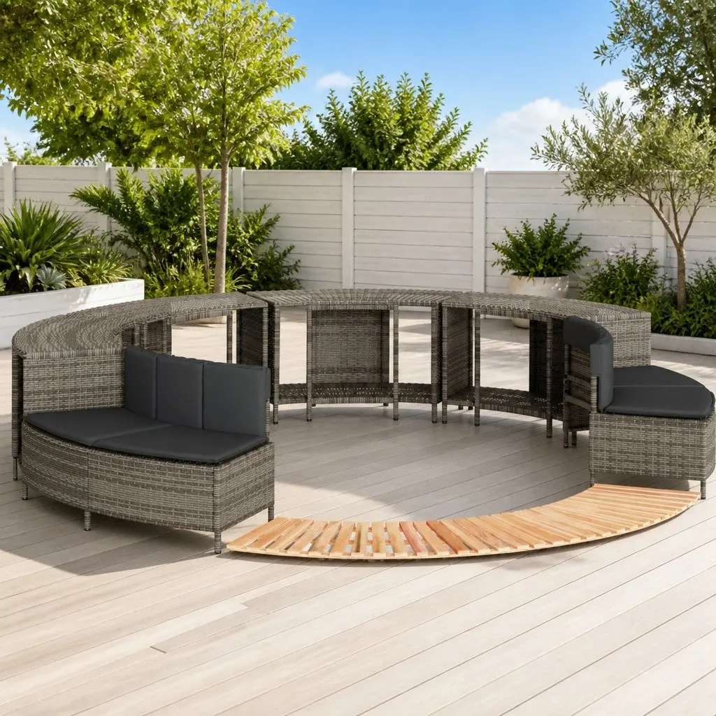 Hot Tub Surround Grey Poly Rattan Wood Spa Storage Step Outdoor Garden Bench