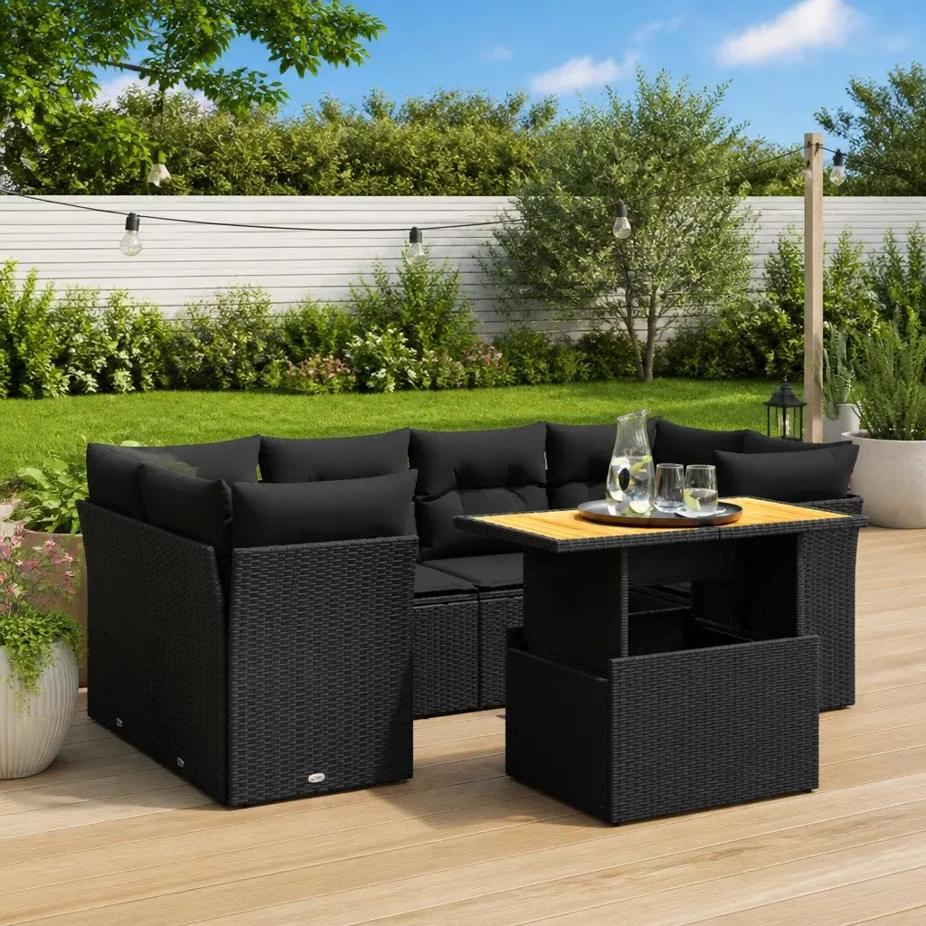7 Piece Garden Sofa Set Outdoor Furniture Black PE Rattan with Cushions Patio