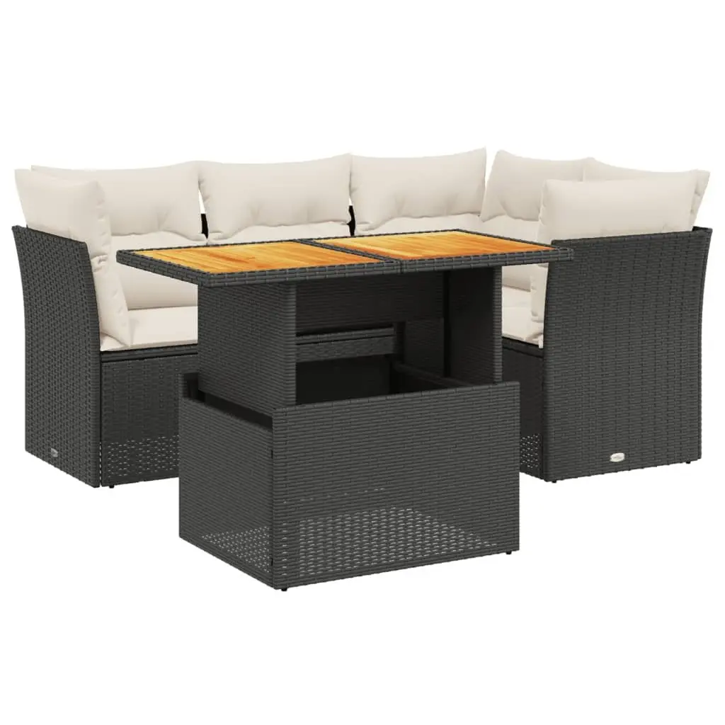 5 Piece Outdoor Garden Sofa Set Black Poly Rattan Patio Furniture with Cushions