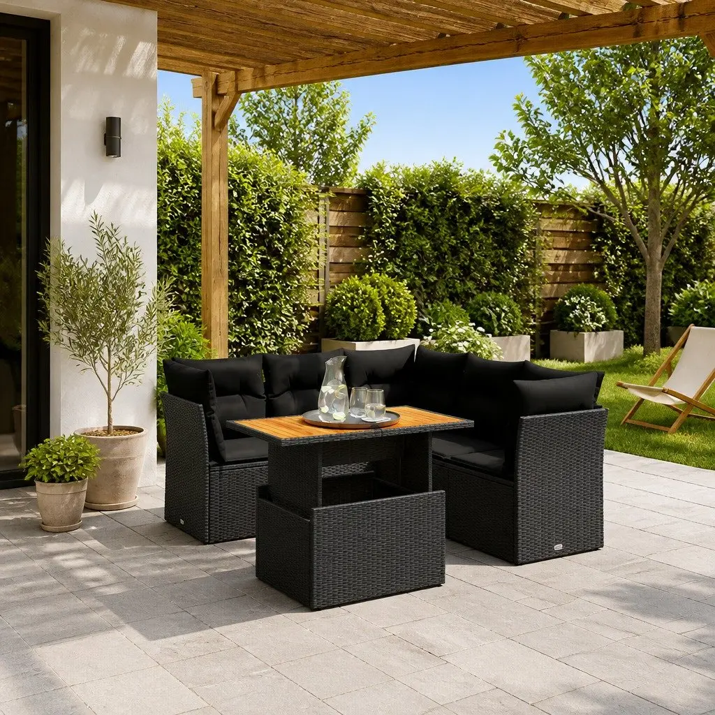 5 Piece Outdoor Garden Sofa Set with Adjustable Dining Table Black Poly Rattan