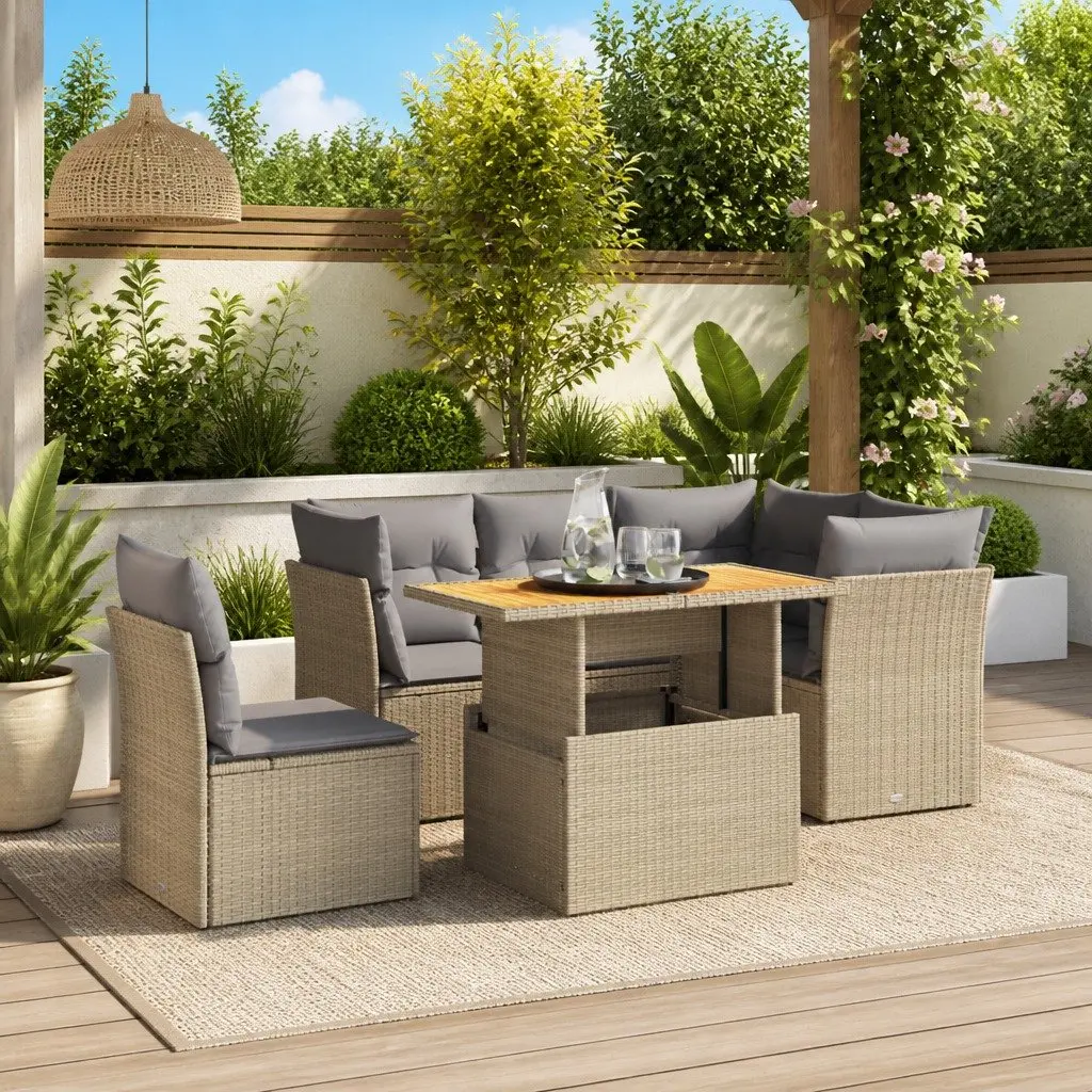 5 Piece Garden Sofa Set Outdoor Furniture Poly Rattan Beige with Cushions Patio