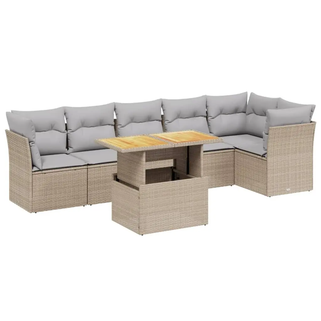7 Piece Outdoor Furniture Set Beige PE Rattan Modular Sofa with Adjustable Table and Thick Cushions for Patio and Garden