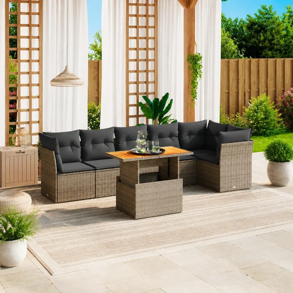 7 Piece Outdoor Furniture Set Grey PE Rattan Sofa with Cushions Adjustable Table