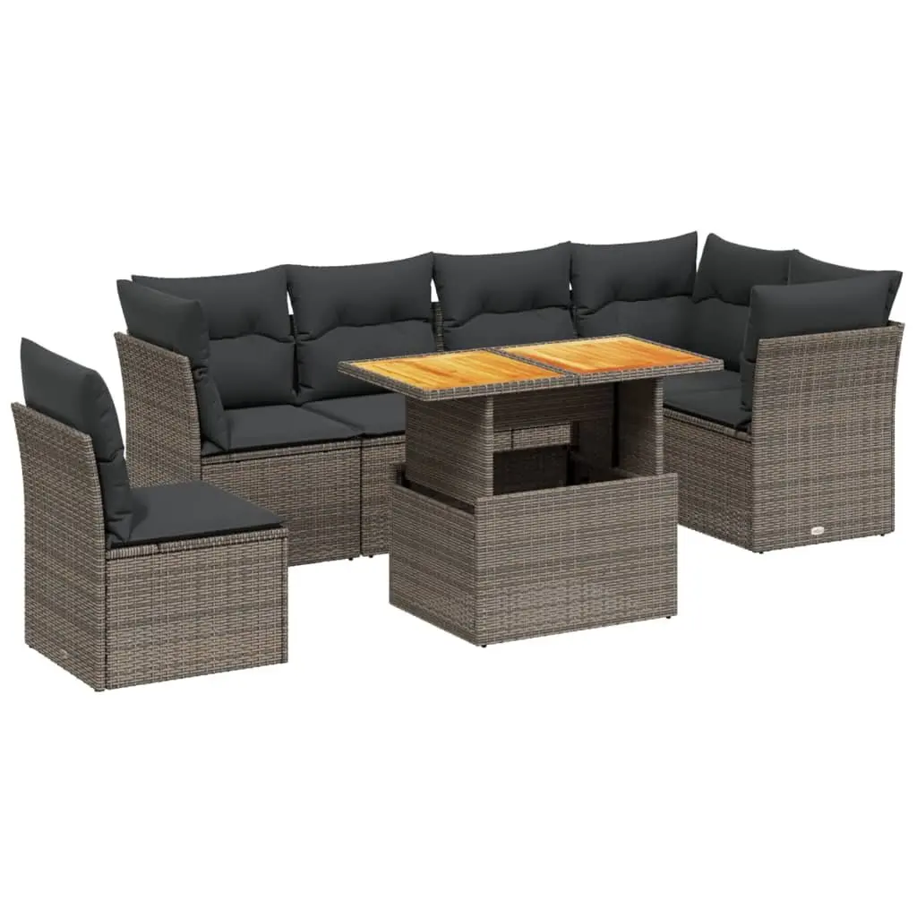 7 Piece Garden Sofa Set with Cushions Grey Outdoor Patio Furniture Poly Rattan