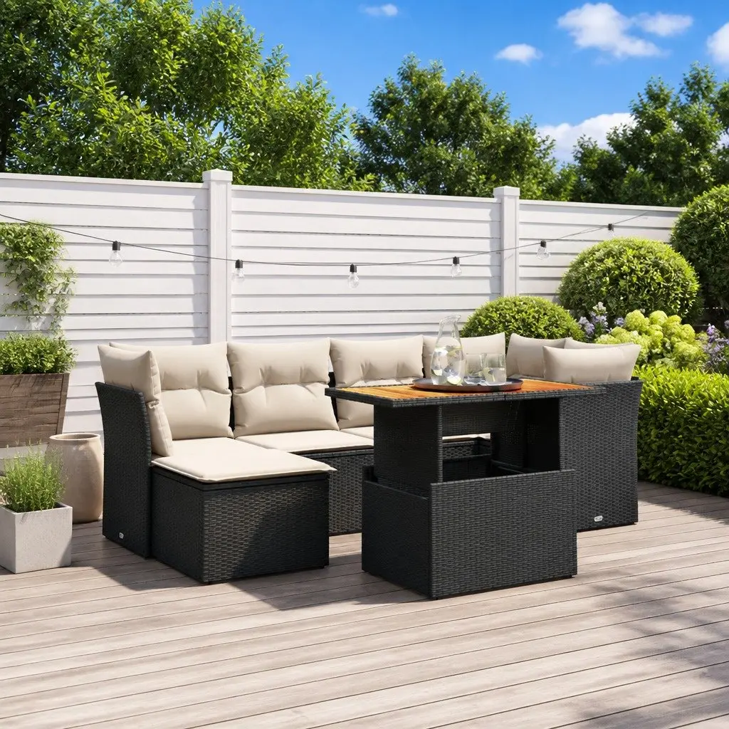 7 Piece Garden Sofa Set Black PE Rattan Outdoor Furniture with Cushions Adjustable Tabletop