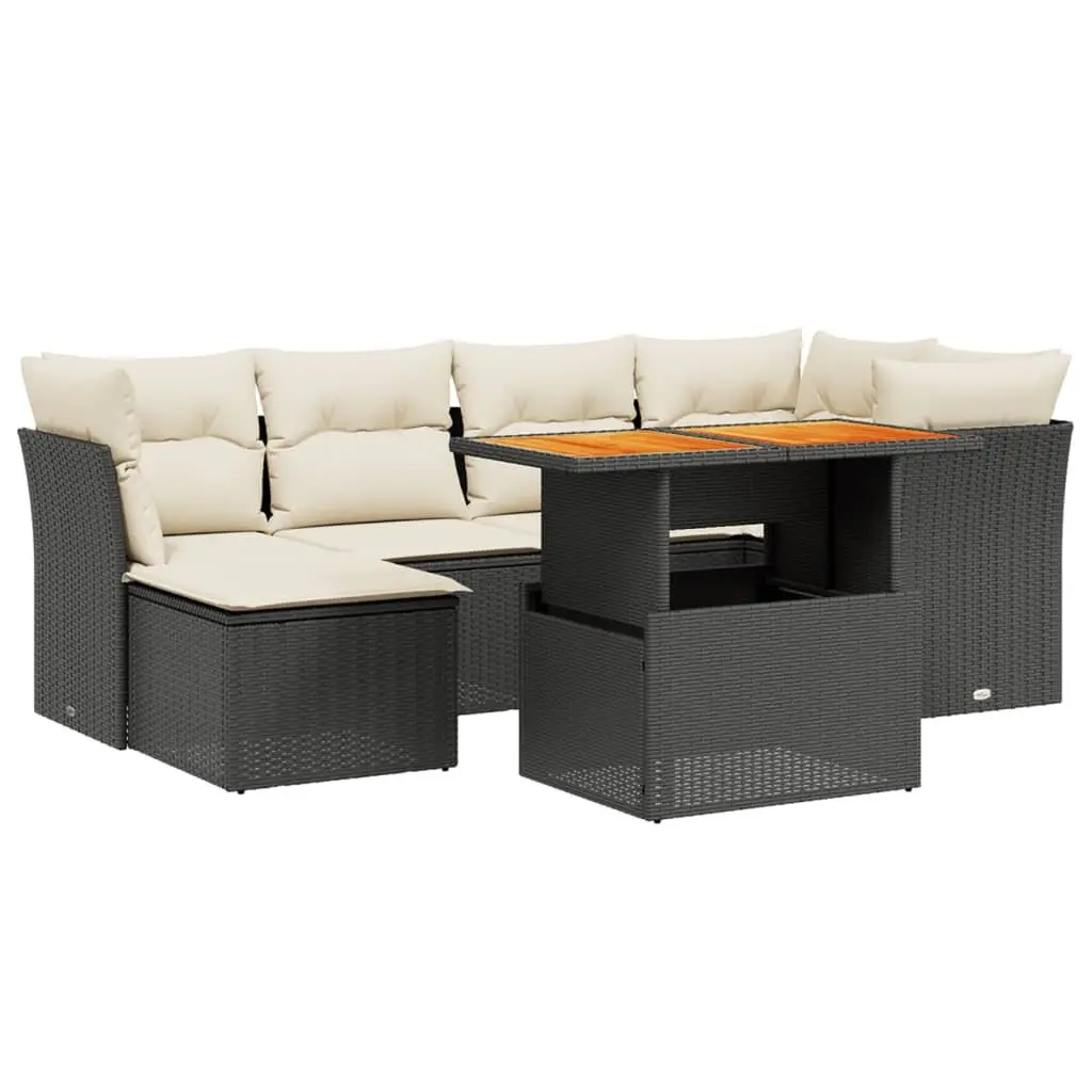 7 Piece Garden Sofa Set Black PE Rattan Outdoor Furniture with Cushions Adjustable Tabletop