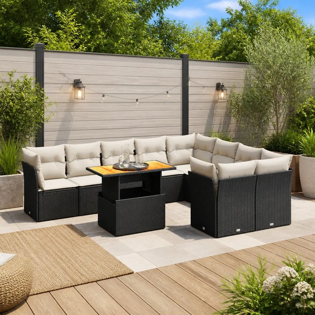 10 Piece Outdoor Garden Sofa Set Black PE Rattan Cushions Adjustable Tabletop