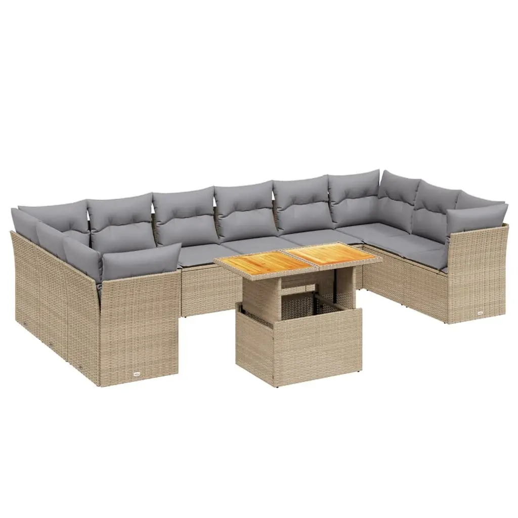Garden Sofa Set Beige 11 Piece Modular Outdoor Furniture with Adjustable Table and Padded Cushions