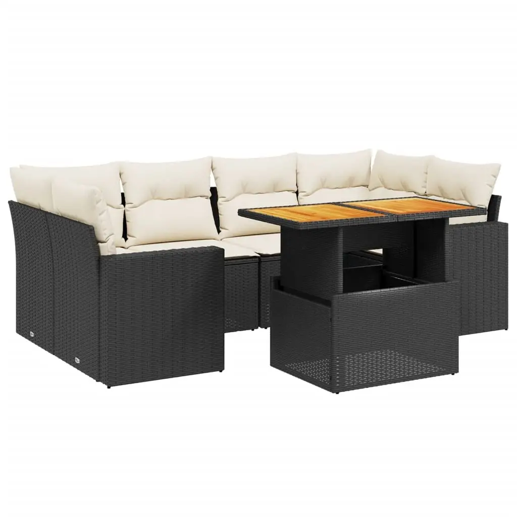 7 Piece Garden Sofa Set Black Poly Rattan Modular Outdoor Furniture with Adjustable Tabletop and Cushions