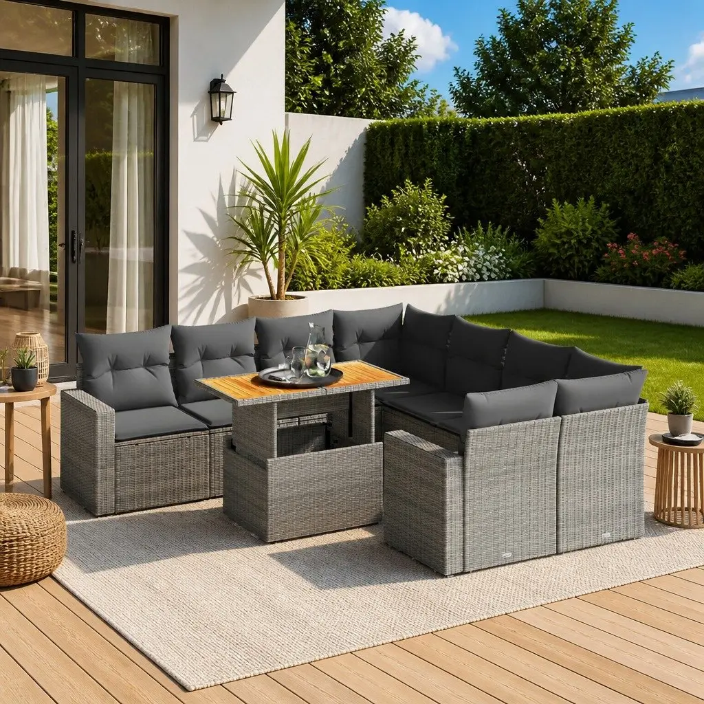 Garden Sofa Set Grey 9 Piece Outdoor Furniture Patio Lounge Modular PE Rattan
