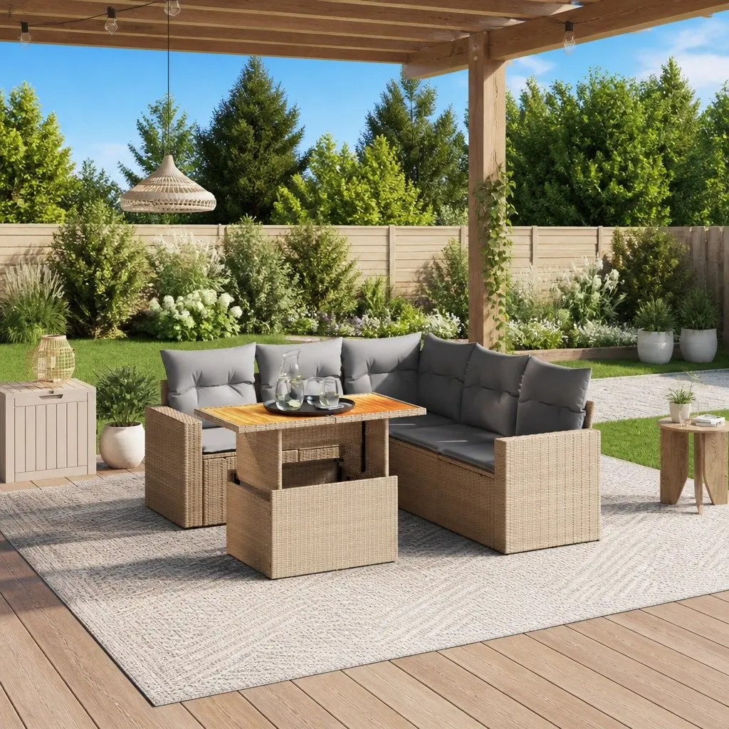 Garden Sofa Set 6 Piece Outdoor Furniture Beige Poly Rattan Patio Lounge with