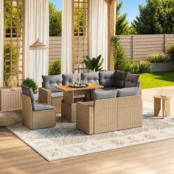 Garden Sofa Set 9 Piece Outdoor Furniture Beige Poly Rattan Patio Lounge with