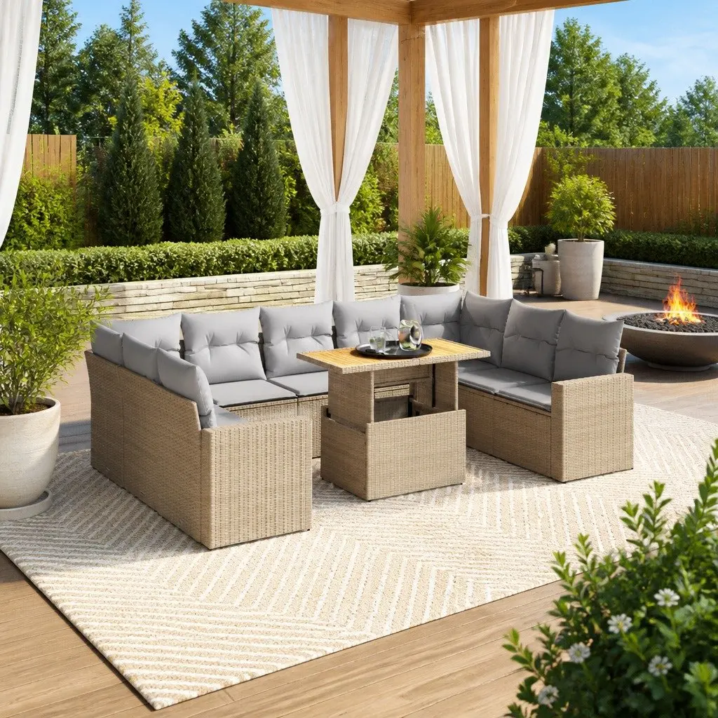 Garden Sofa Set 10 Piece Outdoor Furniture Beige Poly Rattan Modular Patio